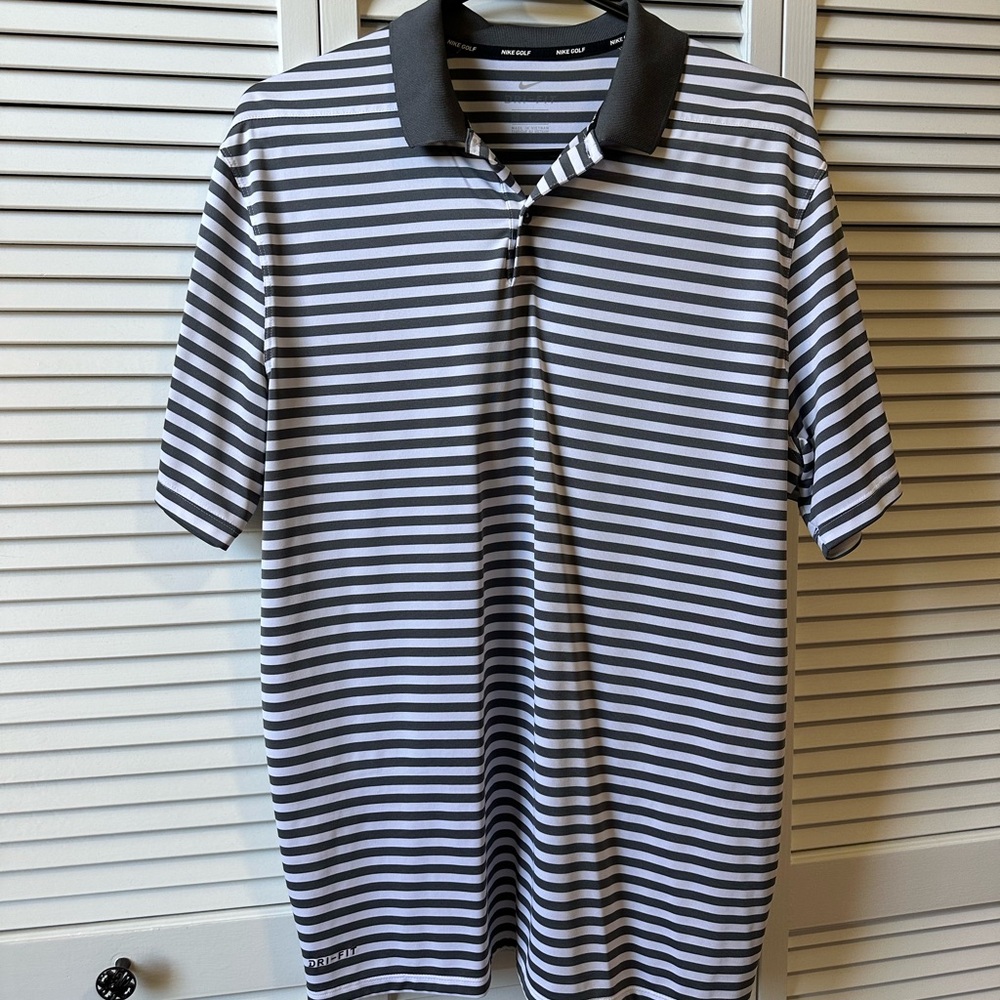 Nike Men's Dri-Fit Polo Shirt - Black and White Horizontal Stripes